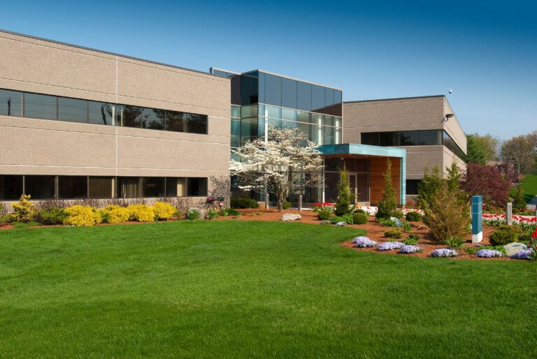 A modern two-story office building with large windows, surrounded by a well-maintained lawn, landscaped bushes, flowers, and a blooming tree near the glass entrance. The sky is clear and blue.